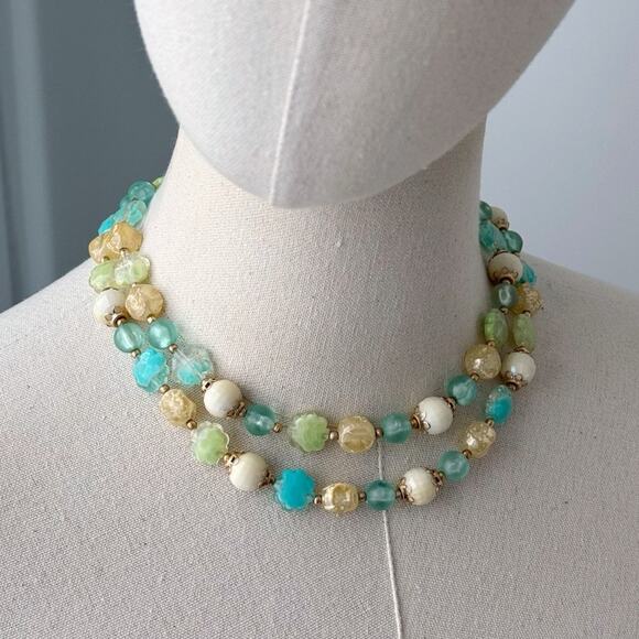 Vintage Aqua Blue Green Beige Beaded Double Layered Estate Short Necklace 20” - Picture 1 of 5